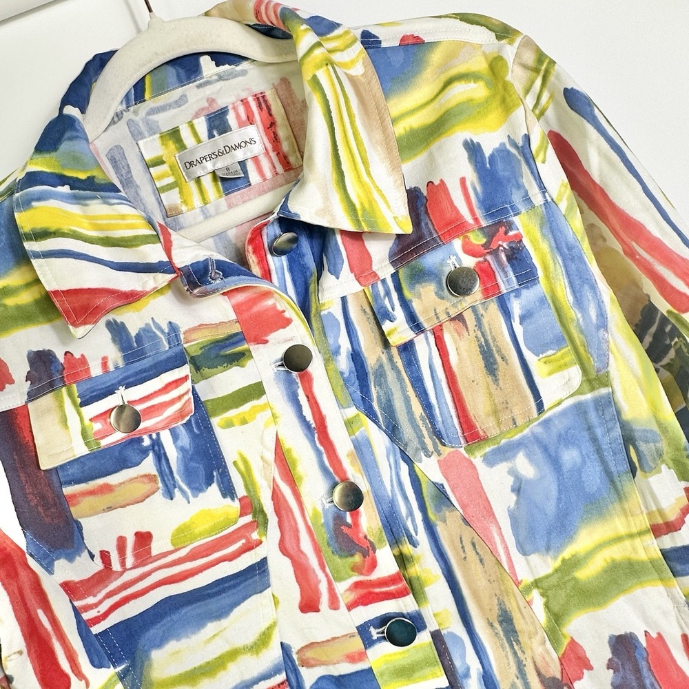 Draper's & Damons Womens‎ Sm Abstract Brush Stroke Print Jean Jacket Lightweight
